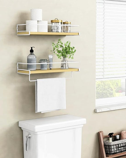 Forbena Floating Shelves for Wall with Rail, White and Natural Wood Nursery Book Shelves for Baby Girls Boys Kids Room Bedroom, Hanging Bookshelves Wall Mounted for Books, Toys, Bathroom (Set of 2)