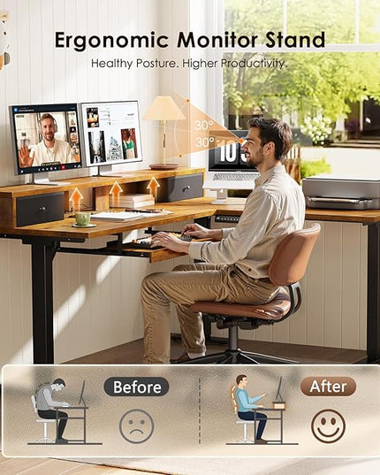 OffiGo 59 Inch L Shaped Electric Standing Desk with Drawers, Height Adjustable Corner Computer Desk with Keyboard Tray & Monitor Stand, Stand Up Table for Home Office Workstation, Rustic Brown