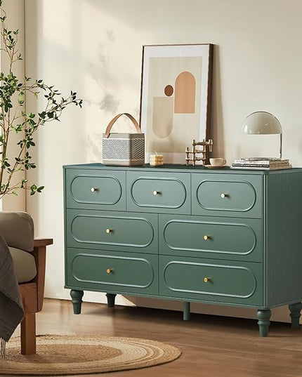 ORRD Fluted 7 Drawer Dresser for Bedroom, Modern Mid Century Chest of Drawers, Wood Storage Large Dresser Organizer for Bedroom Living Room Closet Hallway, Green