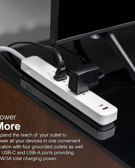 GE UltraPro 4 Outlet Surge Protector, USB-C Charging, 3 ft Designer Braided Cord, 1060 Joules, ETL Listed, White, 41354