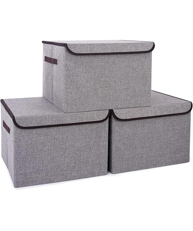 Large 17" 42 Quarts Collapsible Stackable Storage Bins with Lids [3-Pack] Foldable Fabric Linen Storage Boxes Cube, Closet Organizer Baskets with Label for Home (16.7 x 12 x 12, Gray)