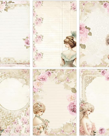 Supervitae 120 Pack Victorian Floral Stationery Paper, 8.27 x 5.51 Inch Double Sided Printing with Rose Border, Vintage Classical Stationery Letter Sheets for Writing Printing Crafts, 6 Designs