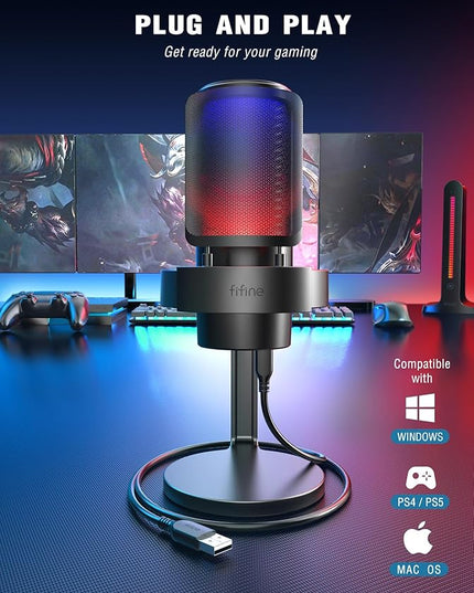 FIFINE Gaming Microphone, USB PC Mic for Streaming, Podcasts, Recording, Condenser Computer Desktop Mic on Mac, with RGB Control, Mute Touch, Headphone Jack, Pop Filter, Stand-AmpliGame A8