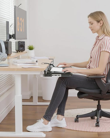 Keyboard Tray, 25 in. Pine Plastic, Keyboard tray Under Desk with Wrist Rest, Mouse Pad, Cup Mat, Lightweight Slide Out Tray, Easy Assemble Adjustable C clamp