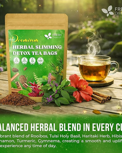 FreshDrinkUS, 30 Tea Bags Herbal Tea – Caffeine-Free Herbal Tea with Rooibos, Turmeric & Hibiscus – Loose Leaf Blend for Daily Rituals and Clean Living – Vegan, No Additives
