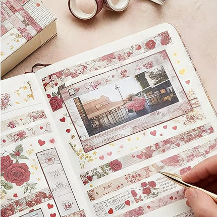 Washi Tape Set, 24 Rolls Red Vintage floral Journaling Supplies,for Christmas Valentine's Day Journaling Supplies Journal Scrapbook Tape, Bullet Journaling Scrapbooking Supplies, DIY Art Decorative
