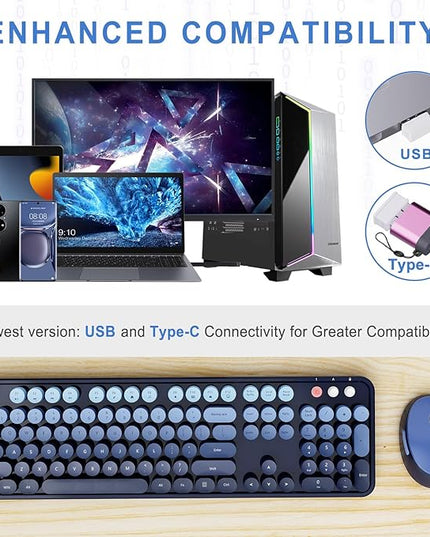 Wireless Keyboard and Mouse Combo, Ergonomic Full Size Typewriter Retro Round Keycaps Keyboard, Compatible with Windows, PC, Perfer for Home and Office Keyboards (Twilight Blue