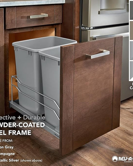 Rev-A-Shelf Double Pullout for Under Kitchen Cabinets 35 Quart 8.75 Gallon with Soft-Close Slides, Metallic Silver, 53WC-1835SCDM-217