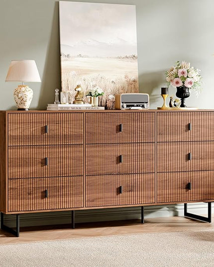 Chrangmay Modern Chest of Drawers with 9 Drawers,Deep Drawers,Clothes Organizer,Large Storage Cabinet for Living Room, Bedroom,Hallway,with Anti-Tipping Device, Walnut.