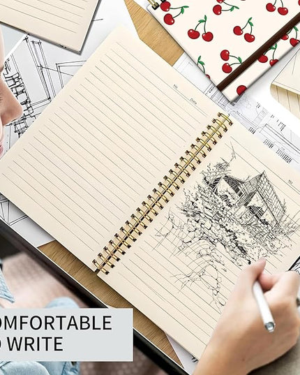 Cute Spiral Journal Notebook,A5 Hardcover Lined Journals for Women Girl 6 x 8.3 in,120 Pages Thick Paper,Cute College Ruled Writing Notebook for Gifts Office Work School (Cute Cherry)