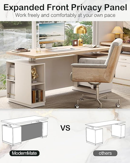 71" Standing Desk with 2 File Cabinet, AC/USB, 1.18" Desktop, L Shaped Height Adjustable Desk, Electric Furniture Set with Multiple Functions for Home and Office, Light Walnut