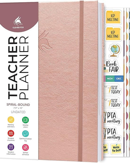 Clever Fox Teacher Planner Spiral – School Year Planner with Calendars & Lesson Plans – Teacher Plan Book for Classroom & Homeschool Organization - Undated, 7.9x10″ (Rose Gold)