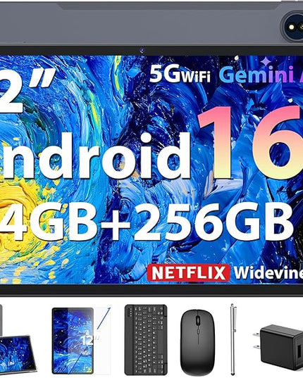 JJGJ 2026 12 Inch Android 16 Tablet with Keyboard, 24GB+256GB+2TB Expand, 2K Gemini AI Tablet with 5G WiFi, Octa-Core, 8000mAh, BT5.0, 16+8MP, 2 in 1 Tablets PC with Case, Mouse, Stylus (Silver Case)
