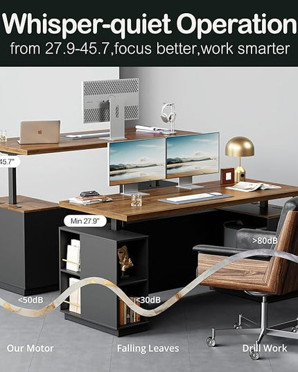 71" Standing Desk with 2 File Cabinet, AC/USB, 1.18" Desktop, L Shaped Height Adjustable Desk, Electric Furniture Set with Multiple Functions for Home and Office, Black Walnut