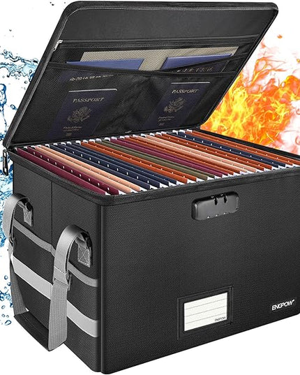ENGPOW File Box with Lock,Fireproof Document Box with Zipper＆Pockets,Collapsible File Organizer Filing Storage Cabinet with Handle,Portable Home Office Safe for Hanging Letter/Legal Folder,Black