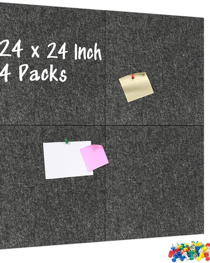DOLLAR BOSS Felt Cork Board Tiles, 4 Packs 12" x 12" 1/2" Thick Cork Bulletin Board Self Adhesive Acoustic Panels Soundproof Corkboards for Walls with 40 Pushpins for Home Office Kitchen School, Grey