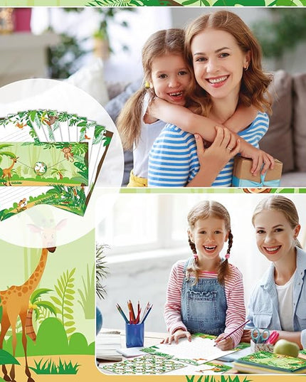 TaoBary 160 Packs Stationery Paper Set (50 Double Sided Stationery Writing Papers 50 Matching Envelopes) 60 Round Dot Sticker, 10 Design(Safari Animal,8.5 x 11 Inch)