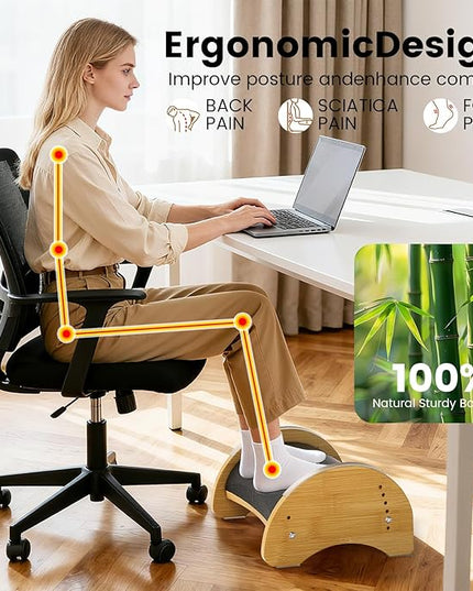 Bamboo Ergonomic Footrest Under Desk, Adjustable Rocking Foot Rest with Cushion, 6 Height Levels, Non-Slip Wooden Foot Rest for Office & Home Work