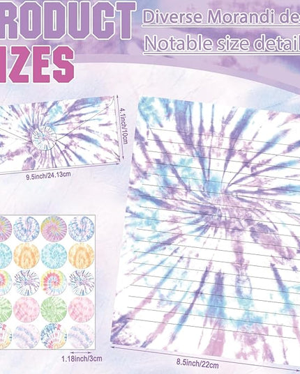 TaoBary 160 Pcs Stationery Paper Set 50 Double Sided Stationery Papers with 50 Matching Envelopes and 60 Round Dot Sticker, 10 Design(Tie Dye,8.5 x 11 Inch)