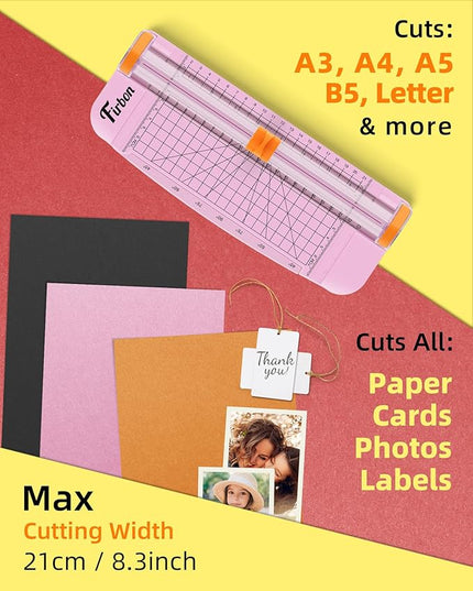 Firbon Pink A5 Paper Cutter, Straight Small Paper Trimmer with Side Ruler for Scrapbooking Craft, Paper, Coupon, Label, Cardstock