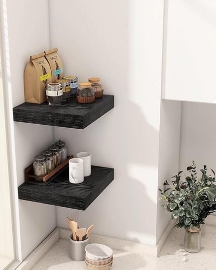 Fun Memories 12 Inch Floating Shelf, Rustic Wood Wall Shelves for Wall Decor & Storage, 12 x 12 Floating Shelf for Living Room, Bathroom, Bedroom, Black, Set of 2