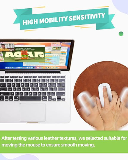 Mouse Pad，Round Mouse Pad，PU Mouse Pad，Leather Mouse Pad with Stitched Edge Micro-Fiber Base with Non-Slip Waterproof，Mouse Pad for Computers，Laptop，9 x 9 Inch (Caramel Brown)
