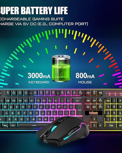 RedThunder K10 Wireless Gaming Keyboard and Mouse Combo, RGB Backlight Rechargeable 3800mAh Battery, 26-Key Anti-ghosting Keyboard + 7D 3200DPI Mice for PC Gamer