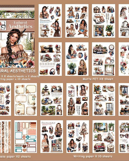 Snycler Sticker Book - 20 Sheets Vintage PET Stickers for Scrapbooking, Junk Journaling, Ephemera, and Decorative Crafts-Natural Aesthetics