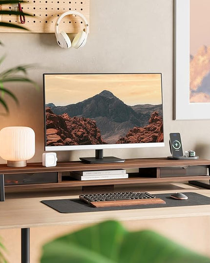 Fenge Dual Monitor Stand, Monitor Riser with Drawer, 42.5 Inch Large Computer Monitor Stand for 2 Monitors, 2 Tier Wooden Desk Shelf for Top of Desk