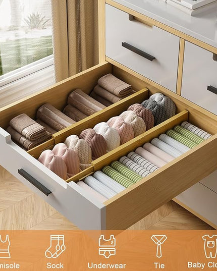 Bamboo Drawer Dividers,17-22" Adjustable Kitchen Drawer Organizer for Clothes,6 Pack Expandable Drawer Organization Separators for Bedroom,Bathroom,Dresser and Office,Natural
