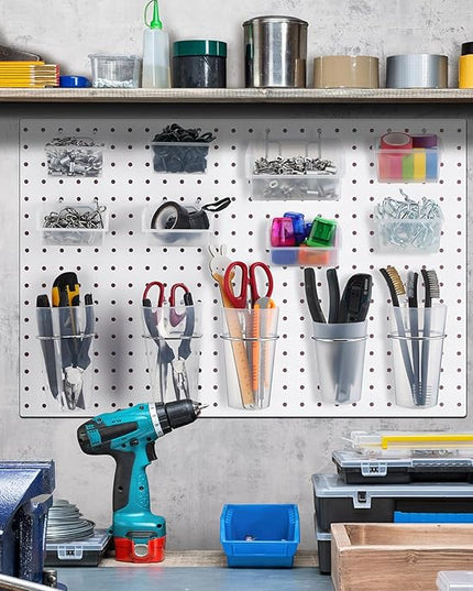 Roowest 60 Pcs Pegboard Cups Pegboard Bins Set, Wall Organizer with Hooks and Loops, Hooks Assortment Organizer Accessory for Office Storage Garage Craft Workshop(Clear)