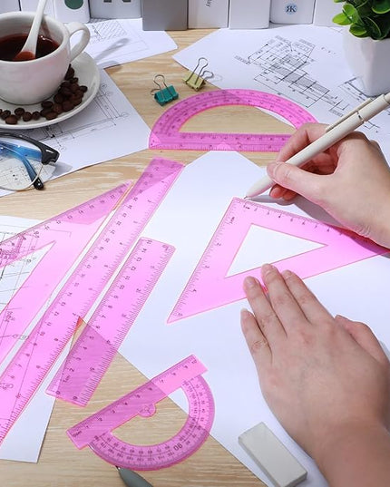 Tenare 6 Pcs Plastic Ruler Math Set Includes 12 Inch 6 Inch Straight Protractor Triangle Geometry Transparent Math Ruler Measuring Tools for School Office Home(Pink)