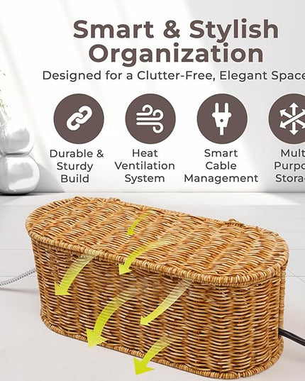 Cable Management Box, Handmade Rattan Cable Organizer, 2 Open Slots Cords Hider Box, Under Desk Cord Organizer for Computer Router USB Hub & Power Strip, Patent Pending, 15.9" x 6.5" x 6.5", Natural