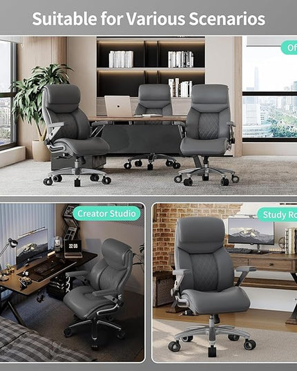 Big and Tall Office Chair with 5D Arms, 600lbs Heavy Duty Desk Chair with Adjustable Lumbar Support, PU Leather High Back Ergonomic Executive Computer Chair with 3'' Silent Casters