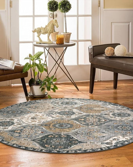 Lahome Moroccan Trellis Washable Round Rugs, Non-Slip Soft Round Rug 4ft Ultra-Thin, Small Vintage Circle Carpet for Entryway Kitchen Bedroom Nursery Bathroom, Grey