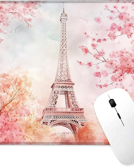 Cherry Blossoms and Eiffel Tower Mouse Pad Square Mouse Pads with Stitched Edge, Computer Mousepad with Non-Slip Rubber Base for Computer Laptop Office Desk Accessories 9.5x8 Inches