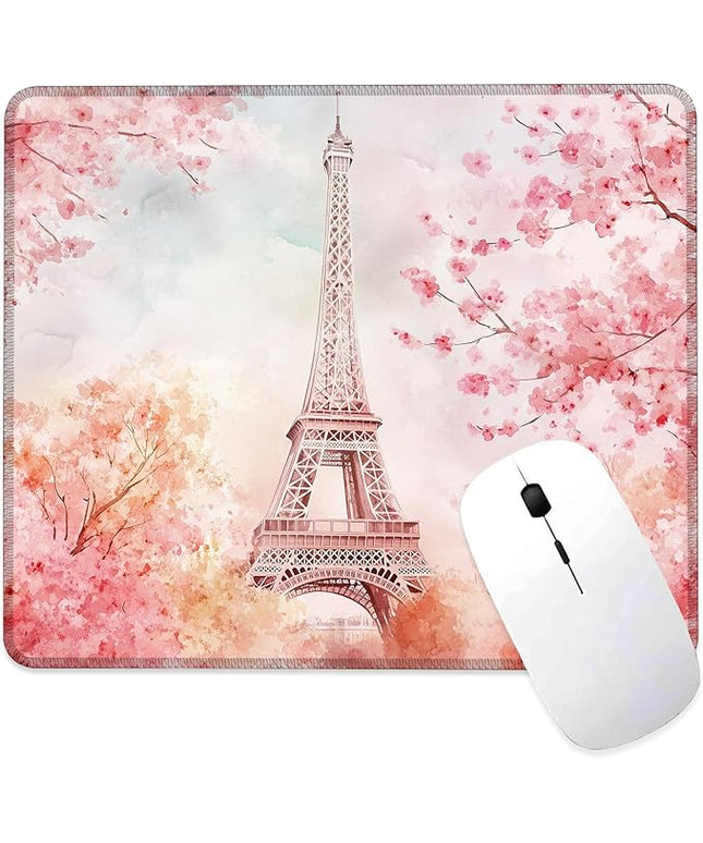 Cherry Blossoms and Eiffel Tower Mouse Pad Square Mouse Pads with Stitched Edge, Computer Mousepad with Non-Slip Rubber Base for Computer Laptop Office Desk Accessories 9.5x8 Inches