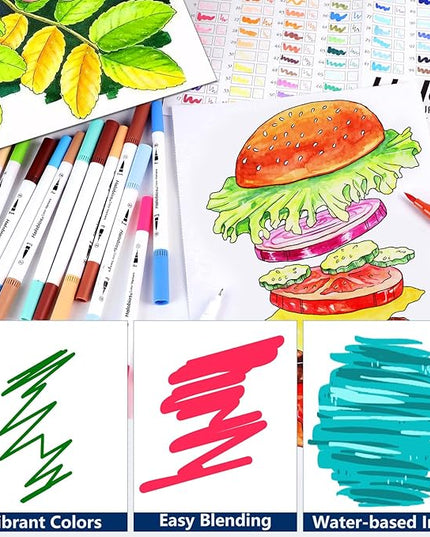 120 Dual Tip Art Marker Pens, Color by Number Markers, Professional Brush & Fine Tips Coloring Markers for Student Adults Colouring Book Sketching Drawing Lettering Greeting Cards Gift