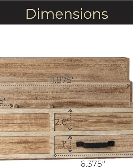 BLU MONACO | Natural Wood Mail Organizer with Drawer & Pen Holder | Rustic Desk Organizer for Bills, Letters & Countertop Storage | Wooden Desktop Mail Sorter for Home & Kitchen