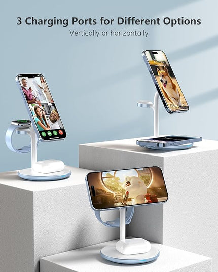XooFly 3 in 1 Wireless Charging Station for Apple Devices, Fast Wireless Mag-Safe Charger Stand with 20W Adapter for iPhone 17/16 15 14 13 12 Pro Max/Pro/Plus/Air/Mini, iWatch, AirPods (Light Blue)