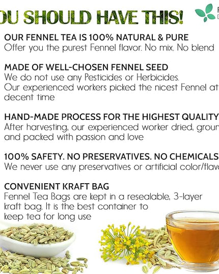 FreshDrinkUS, Premium 135 Fennel Tea Bags, 100% Natural & Pure from Fennel Seeds. Made with Natural Material Tea Bags. No Sugar, No Caffeine, No Gluten, Vegan.