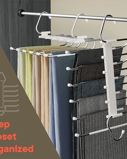 Space Saving Pants Hangers 1 Pack, 6 Layer Jeans Hangers and Closet Organizer for Jeans, Scarves, & Skirts, Multi-Layer Hanger with Anti-Slip Stopper, Heavy-Duty S-Type Stainless Steel, White