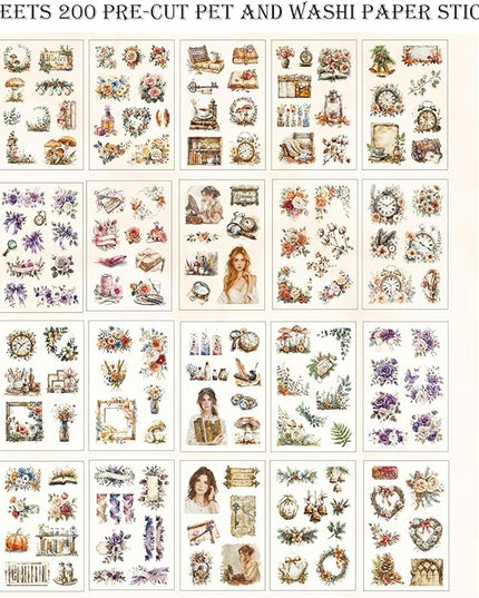 Auguro Scrapbooking Stickers 20 Sheets Pre-Cut 200 washi Stickers PET People Sticker Books for journaling Scrapbook Supplies Flower Transparent Journal Sticker
