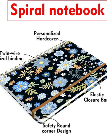Spiral Journal Notebook for Women, Hardcover A5 College Ruled Notebook, 120 Pages, Thick Paper, Cute Lined Journal for School, Office & Work, 6 x 8.4 in(Blue Garden Flower)