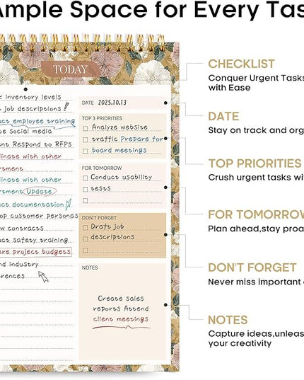 Taja To Do List Notepad - To Do List Notebook for Work with 52 Sheets, 9.8" x 6.5", Undated Daily Planner Perfect for Daily Tasks and Goal Setting, Notepad Suitable for Office, Home & School - Toffee Blossom