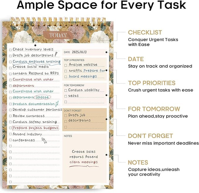 Taja To Do List Notepad - To Do List Notebook for Work with 52 Sheets, 9.8" x 6.5", Undated Daily Planner Perfect for Daily Tasks and Goal Setting, Notepad Suitable for Office, Home & School - Toffee Blossom