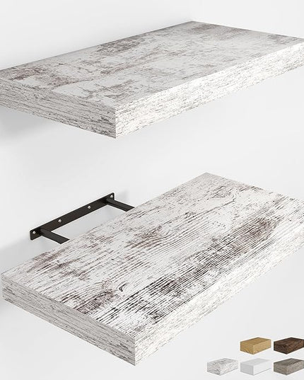 RICHFOCUS 16Inch Floating Shelves for Wall 2 Pack Shelves for Bedroom|Kitchen|Bathroom Wall Mounted Rustic Distressed Wood Floating Shelf with Invisible Brackets for Books|Storage|Decor, Rustic