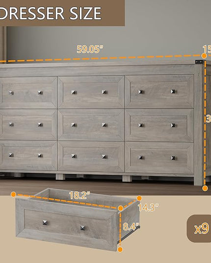 BORNOON 9-Drawer Dresser, Modern Wooden Storage Chest of Drawers, Dresser TV Stand, Wood Drawer Organizer with Metal Handles for Bedroom, Living Room, Hallway