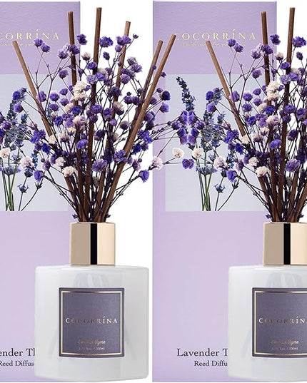 Cocorrína Premium Reed Diffuser Set with Preserved Baby's Breath & Cotton Stick Lavender Thyme 2 Packs, 6.7oz Scent Fragrance Oil Diffuser for Bedroom Bathroom Home Décor