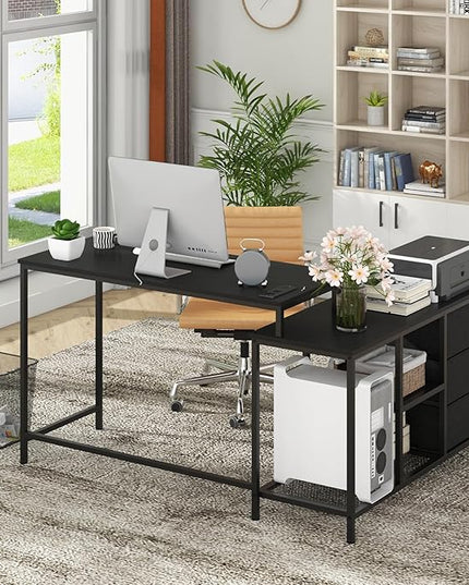 Tangkula 81 Inch L-Shaped Desk with Power Outlet, Convertible Corner Desk with Drawers & Shelves, Office Desk for Working, Studying, Gaming (Black)
